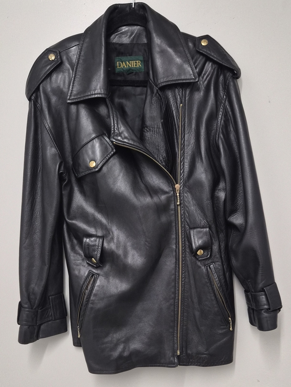 Womens Danier Black Leather Biker Jacket with Gold Hardware